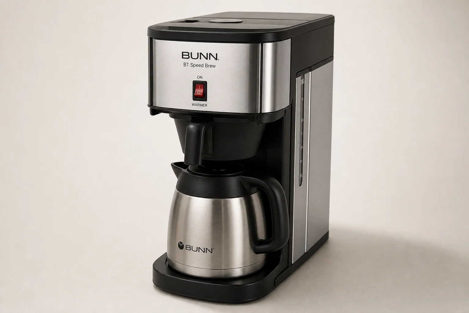 Fünf Bunn Speed Brew Kaffeemaschinen in verschiedenen Ausführungen vor einem grauen Hintergrund