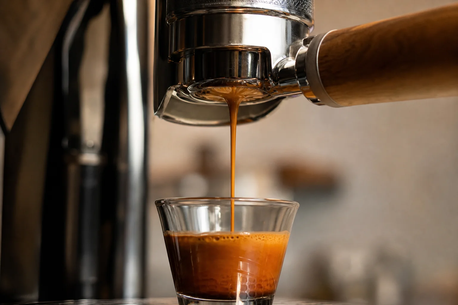 Close-up of espresso extraction with visible crema and golden liquid flowing into a glass