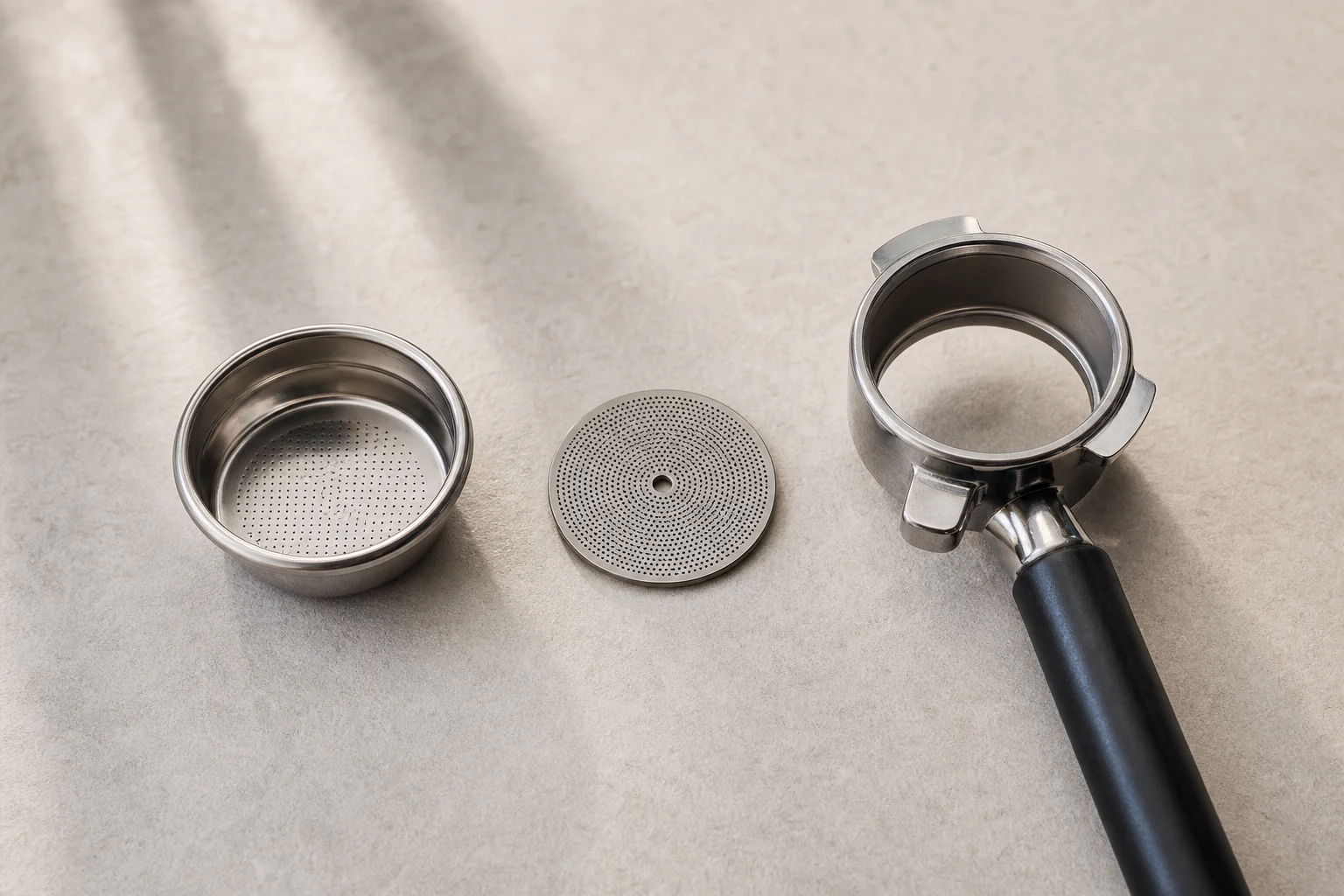 Espresso machine portafilter basket with coffee grounds and dispersion screen assembly