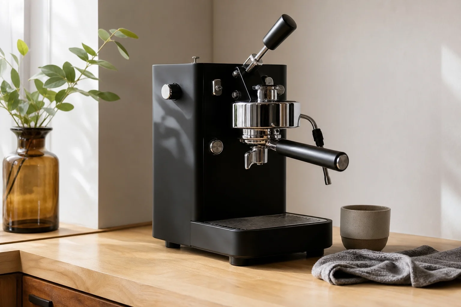 Manual espresso machine on a kitchen counter with cleaning supplies and maintenance items nearby