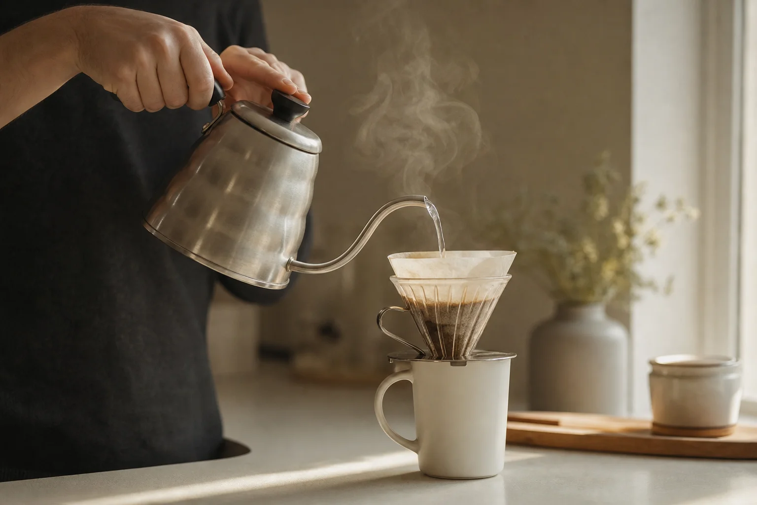 雙手將熱水倒入陶瓷杯上的手沖咖啡濾杯中