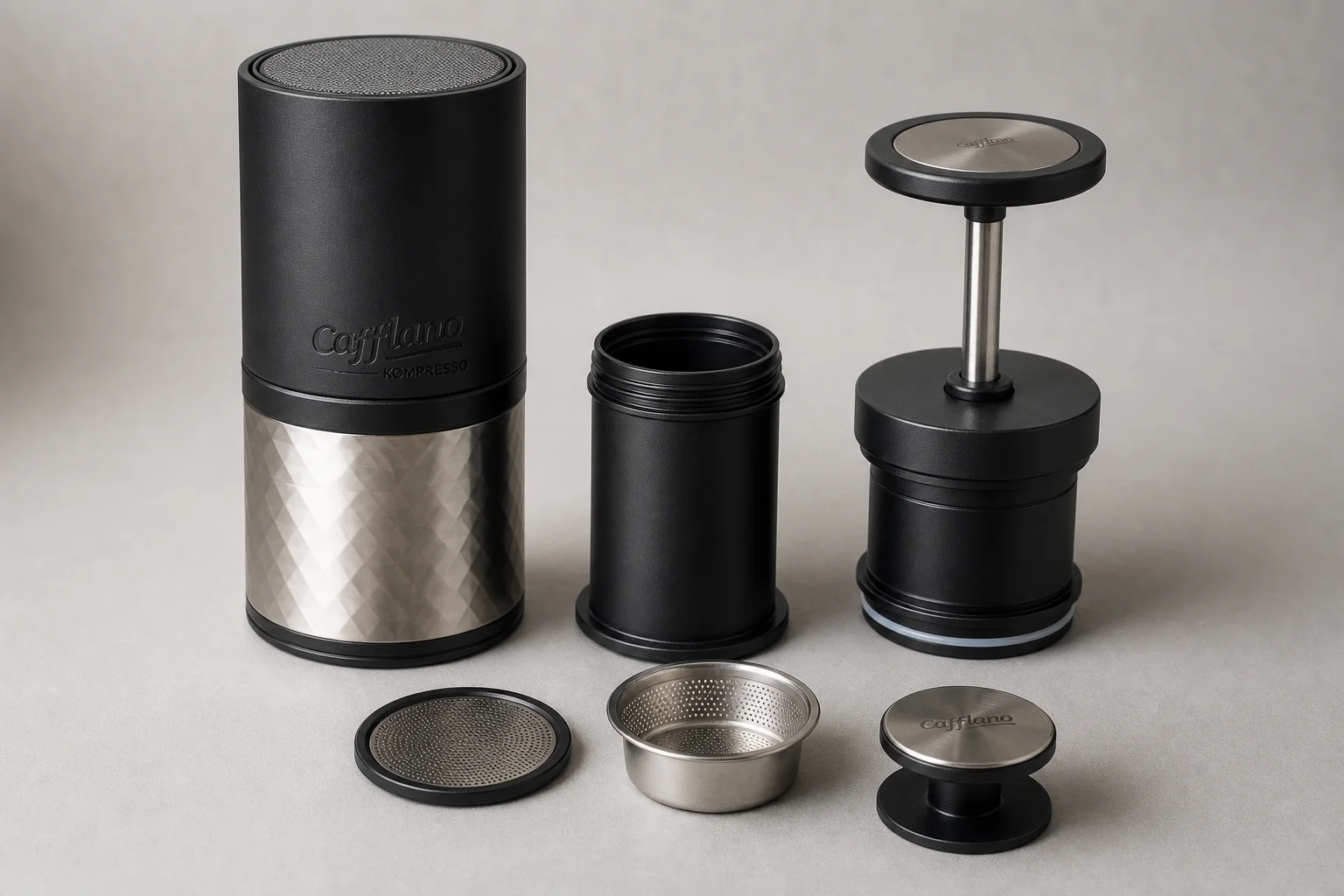 Fellow Prismo and Cafflano Kompresso manual espresso makers on concrete surface