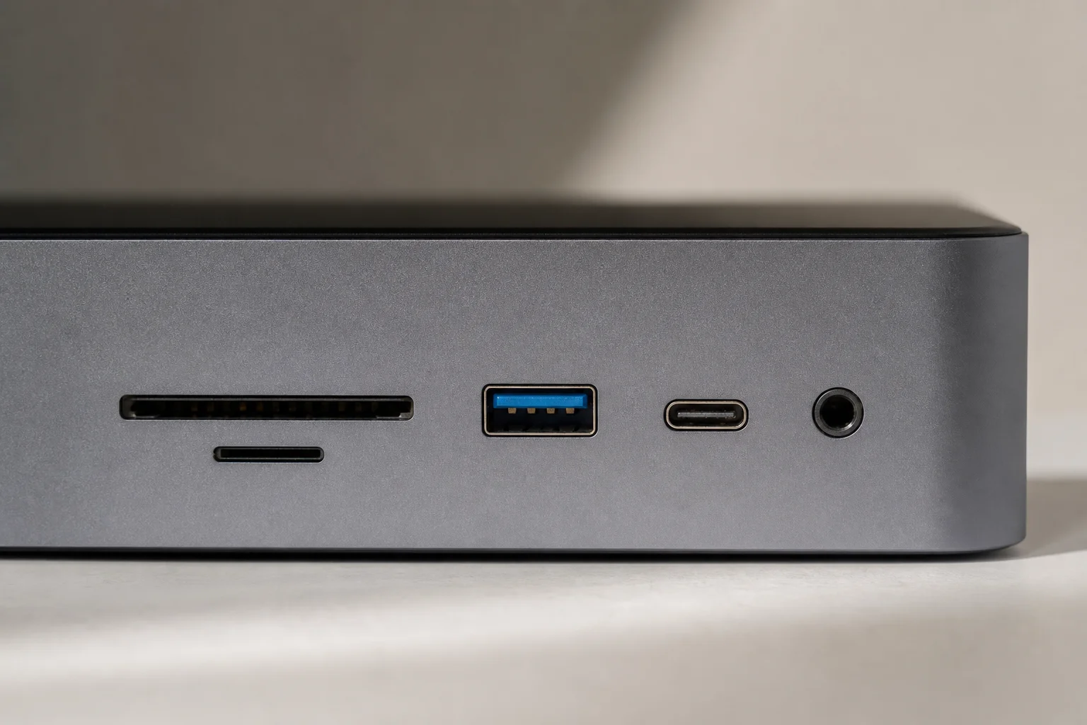Close-up of multiple USB and Thunderbolt ports on a docking station