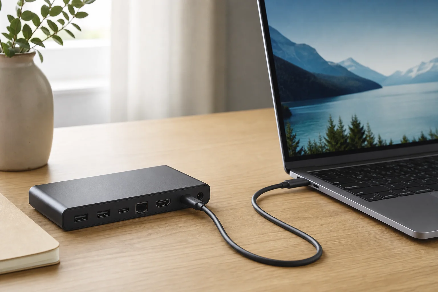 Thunderbolt cable connected to a laptop and docking station on a desk