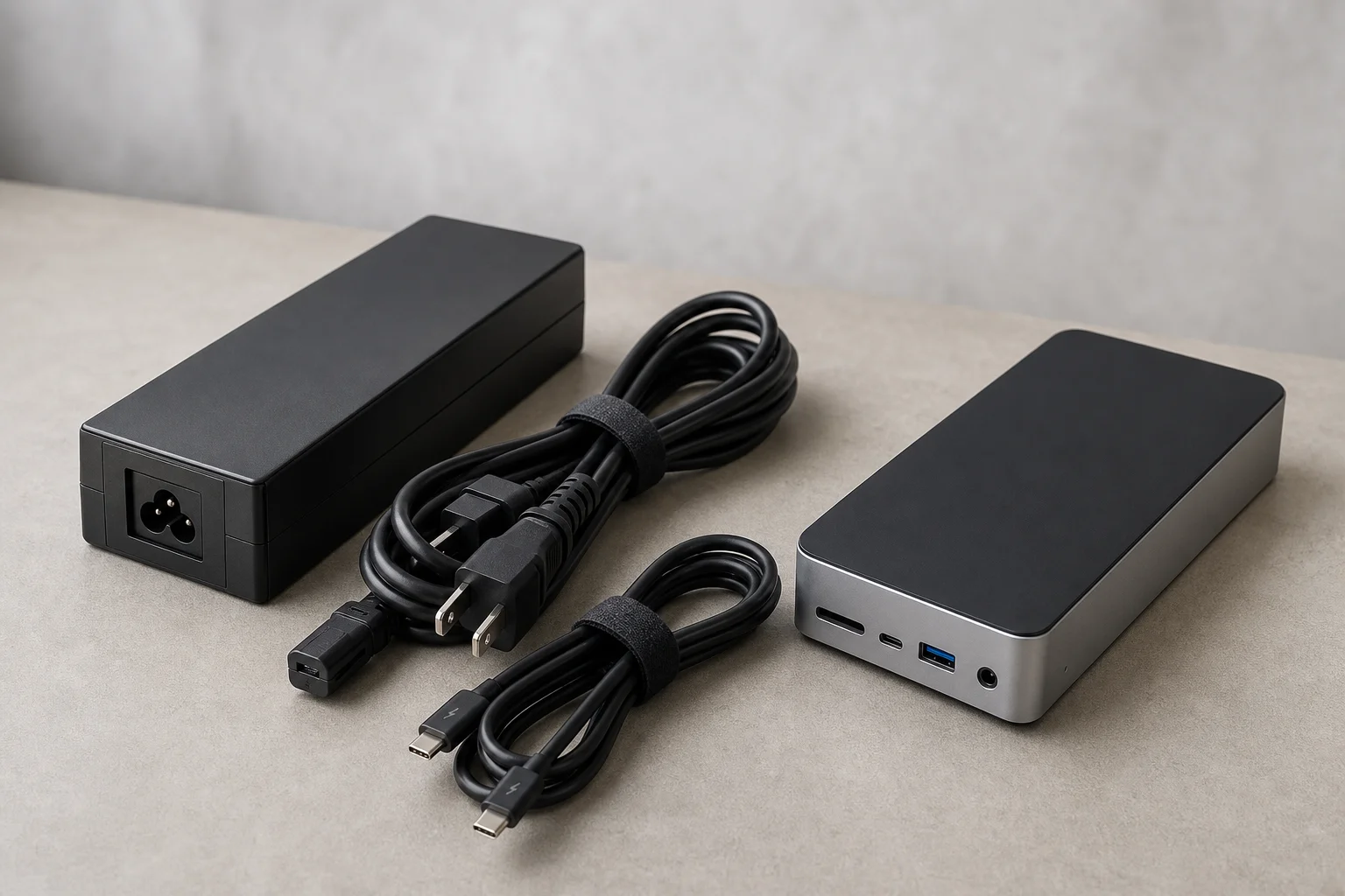 Power brick and cables arranged next to a docking station