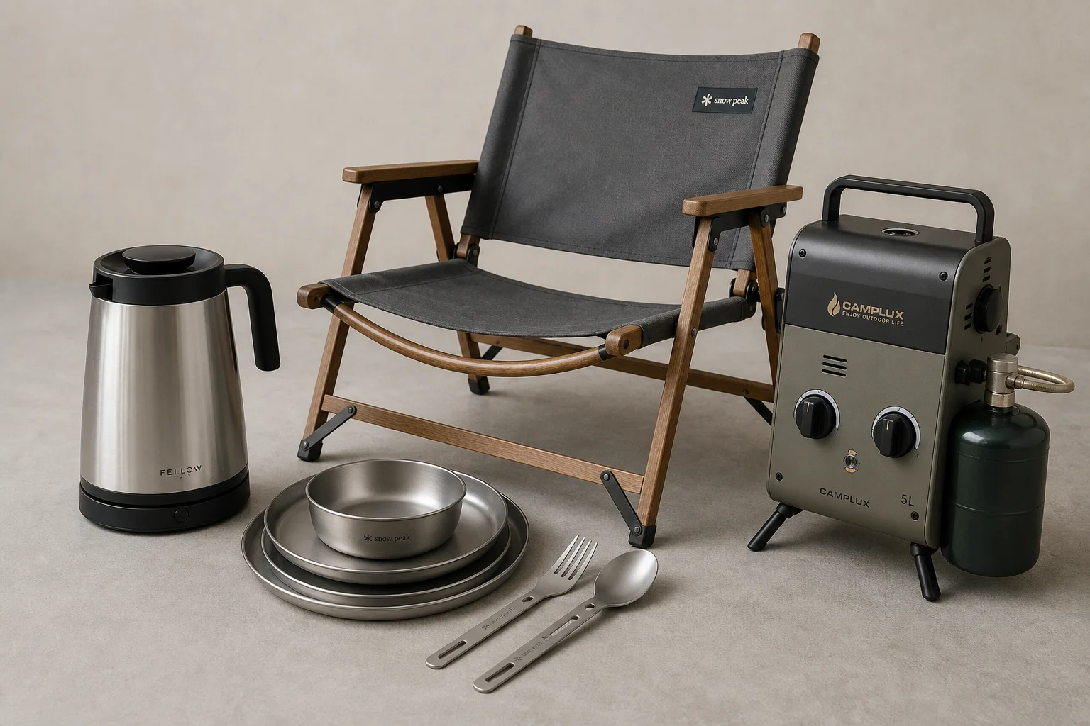 Four camping comfort products arranged on concrete: electric kettle, magnetic dinnerware, canvas chair, and propane water heater