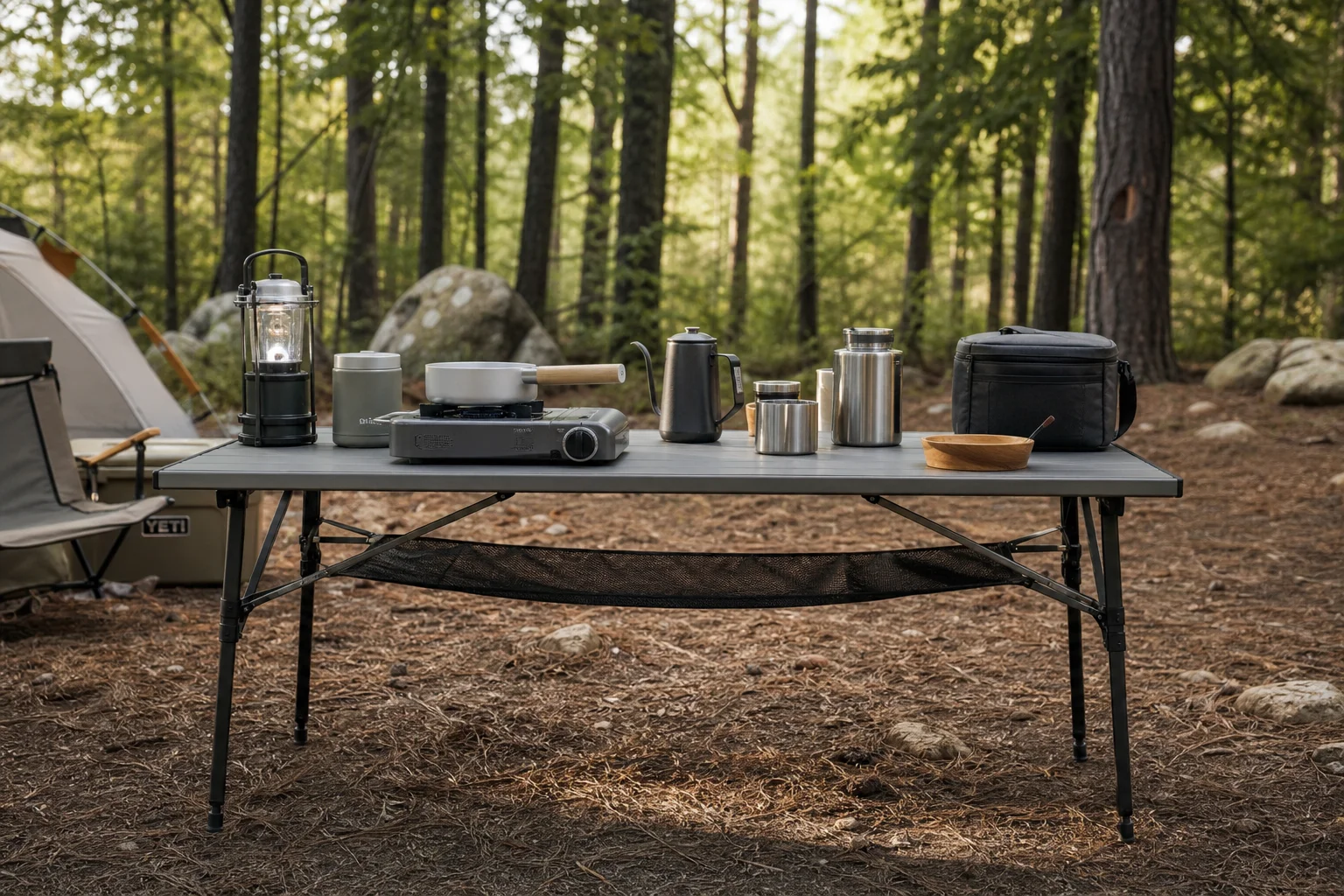 Camping table setup with cooking equipment and outdoor kitchen arrangement