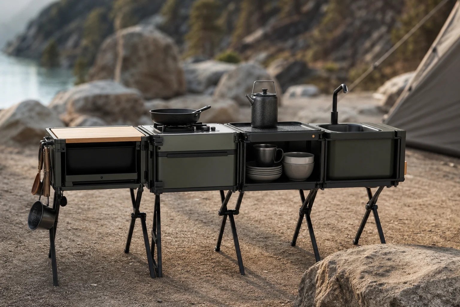 Modular camping cooking system with connected components in outdoor setting