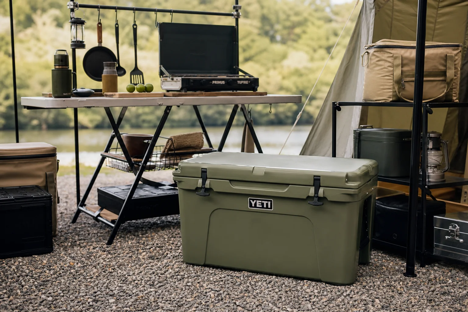 Insulated cooler in a camping environment with outdoor kitchen setup