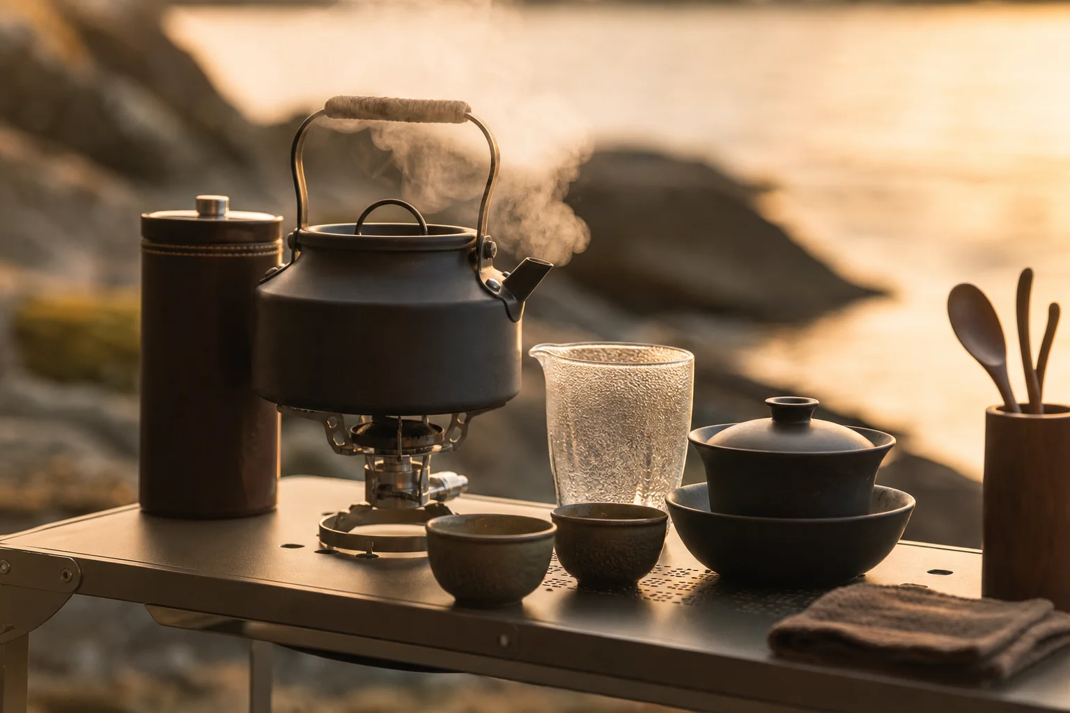 Tea preparation and gathering scene at a camping site with outdoor kitchen