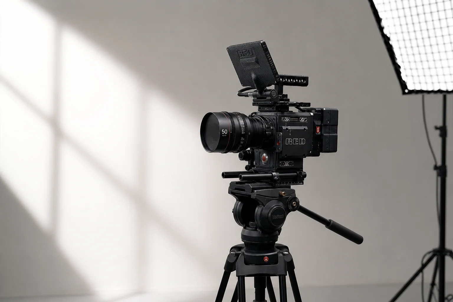 Professional cinema camera mounted on tripod in studio setting with soft lighting