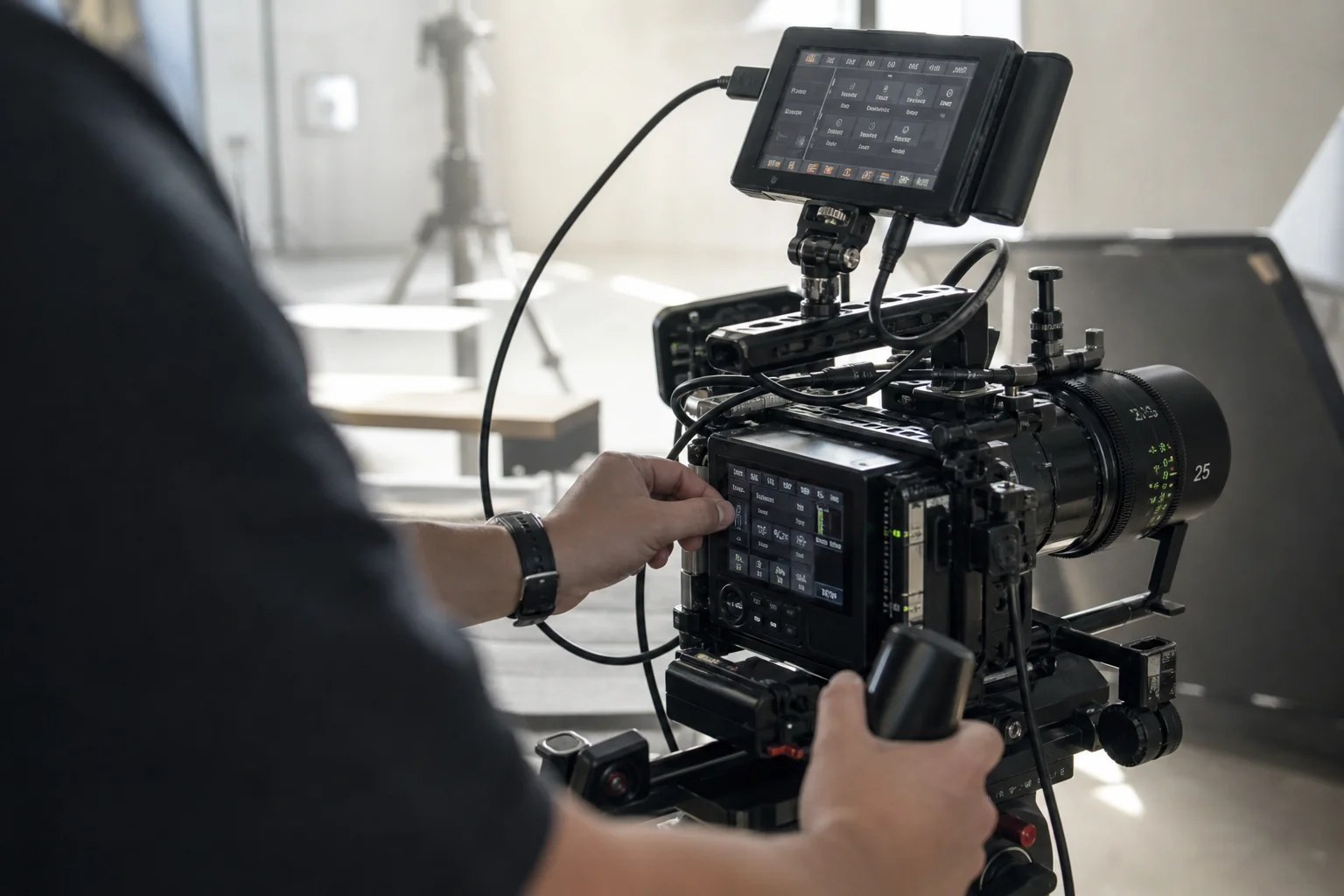 Filmmaker reviewing footage on cinema camera display in production environment