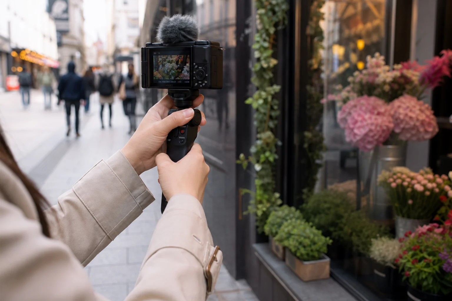 Content creator filming outdoors with compact vlogging camera on city street
