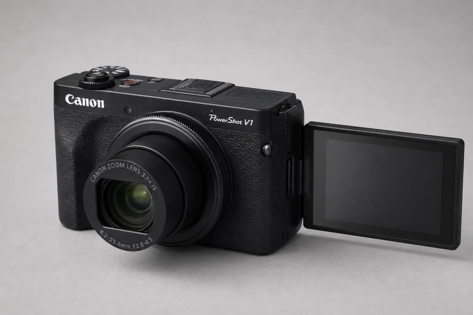 Canon PowerShot V1 vlogging camera on neutral grey backdrop