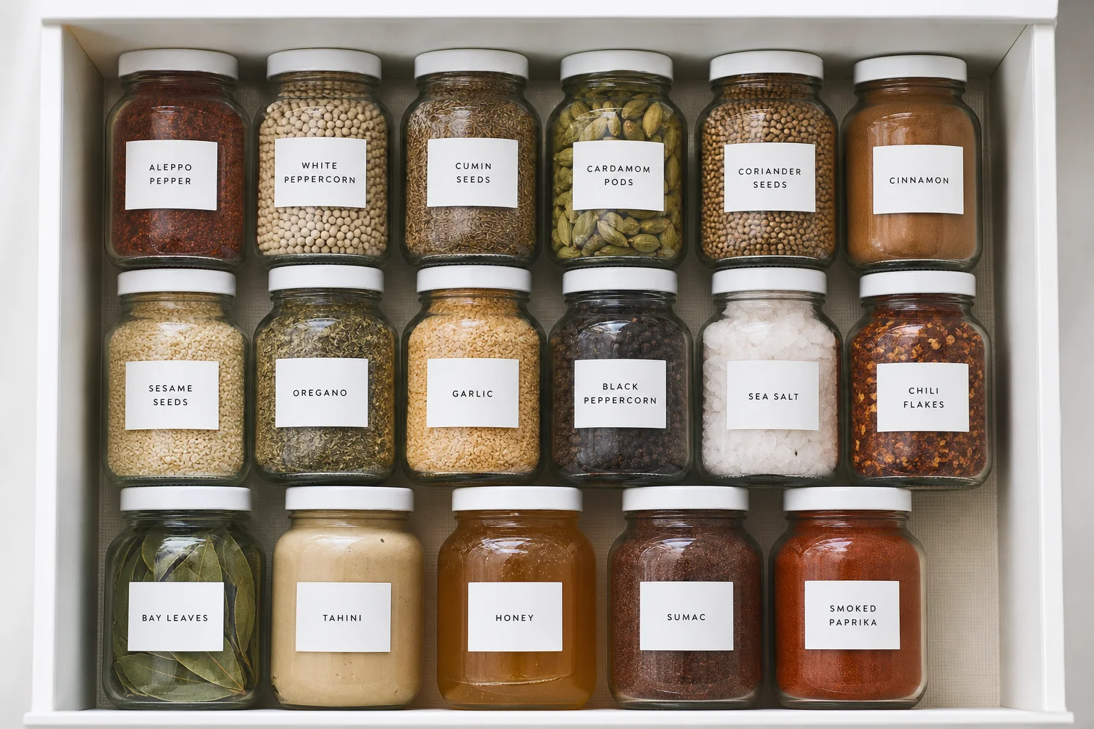 Organized spice containers and jars arranged inside a storage box