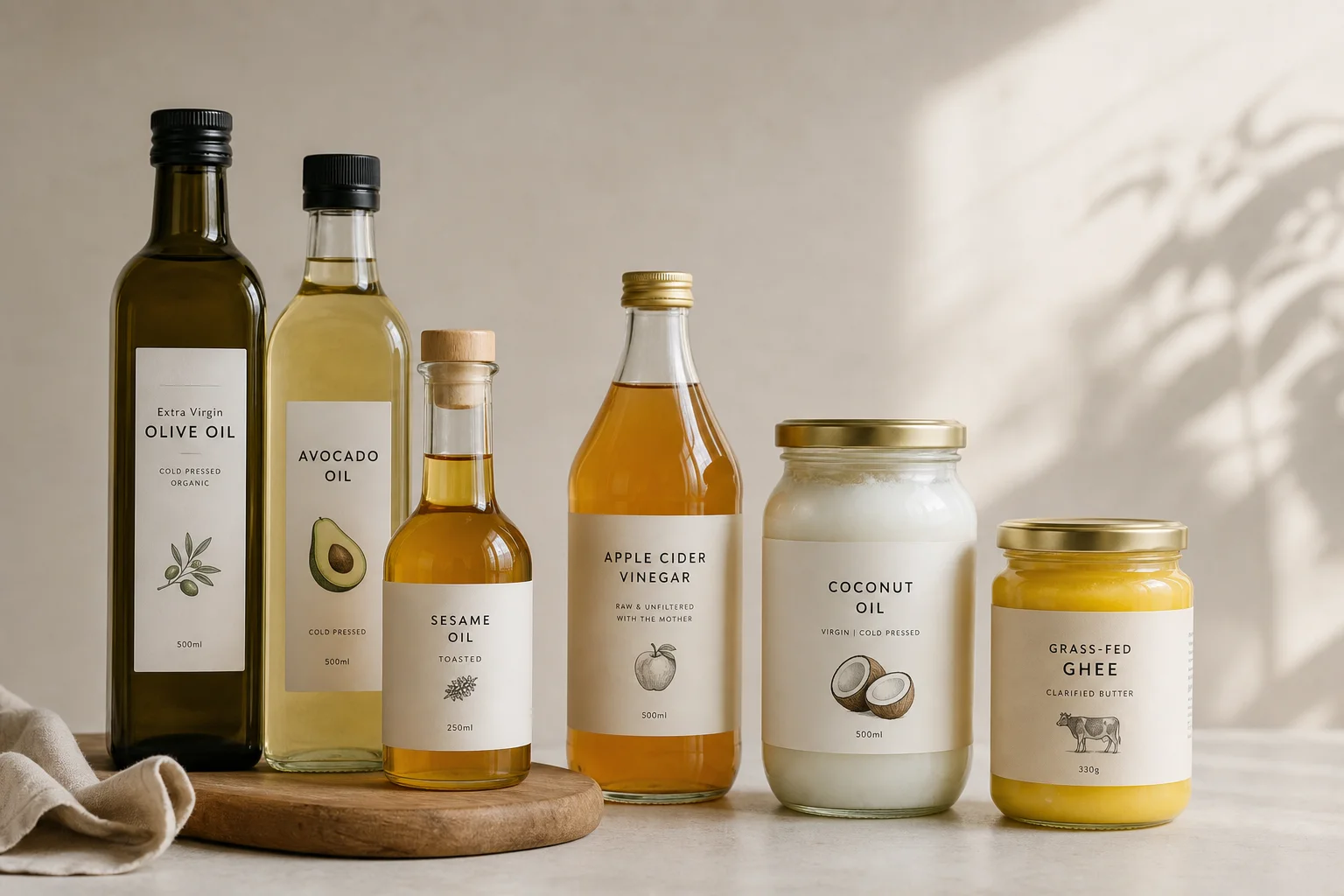 Bottles of cooking oils, vinegar, and liquid condiments on a kitchen shelf