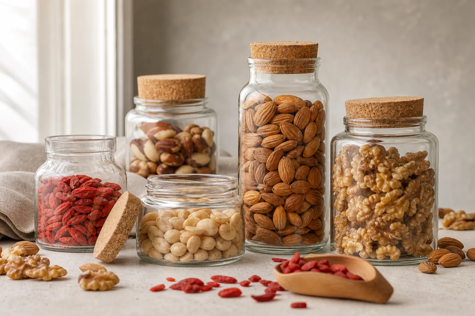 Dried fruits, nuts, and goji berries in glass containers