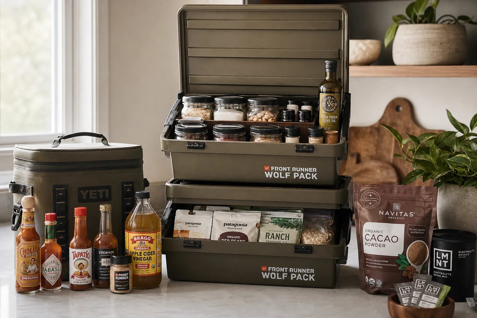 Organized car camping pantry with storage boxes, jars, oils, and condiments on kitchen counter