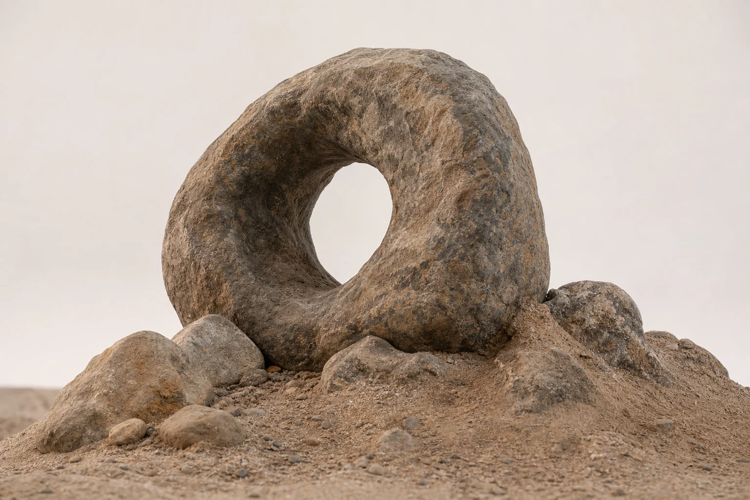 Doughnut-shaped tunnel rock viewed from angled perspective showing natural boulder formations