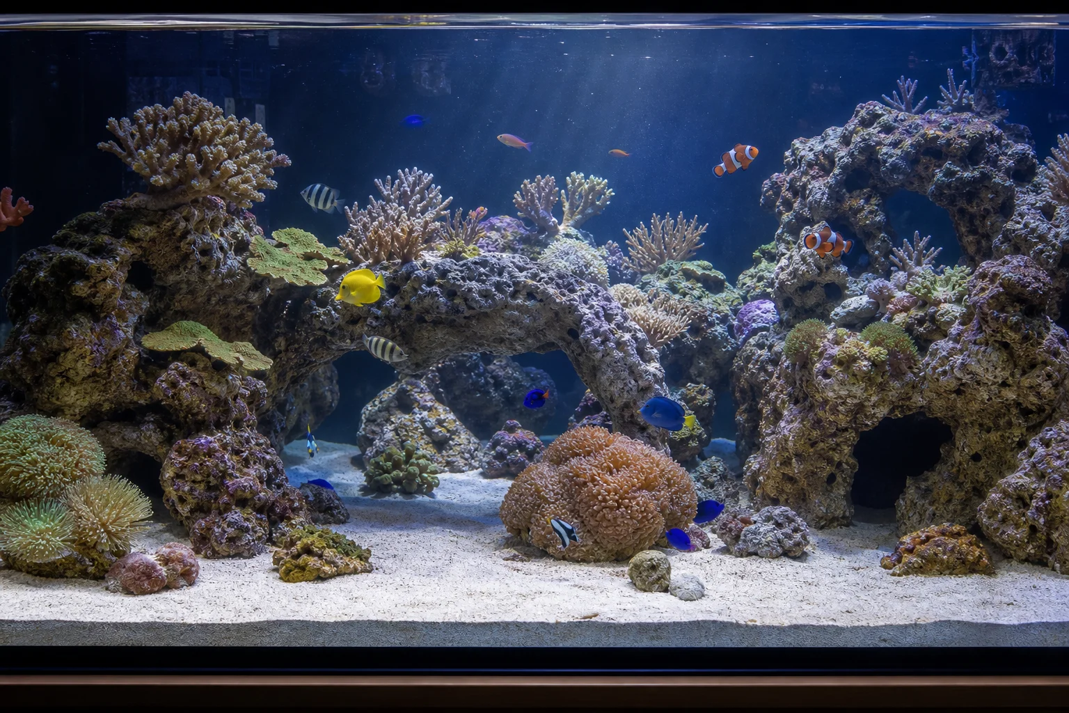 Completed reef aquascape with LifeRock Shapes integrated with boulders and coral placements