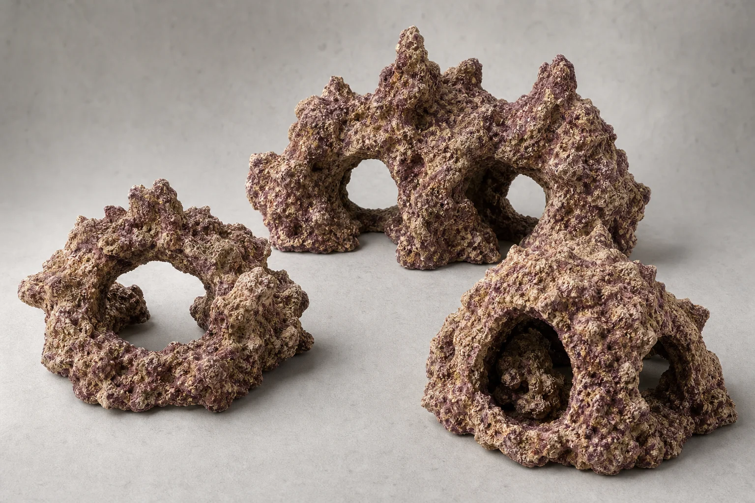 CaribSea LifeRock Shapes pieces including arch, tunnel, and cave on grey surface