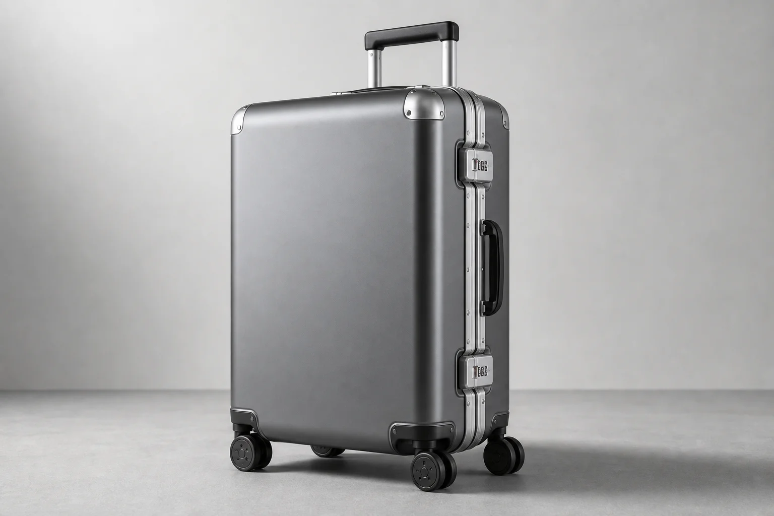 Flat-lay arrangement of 12 essential travel items on grey concrete surface