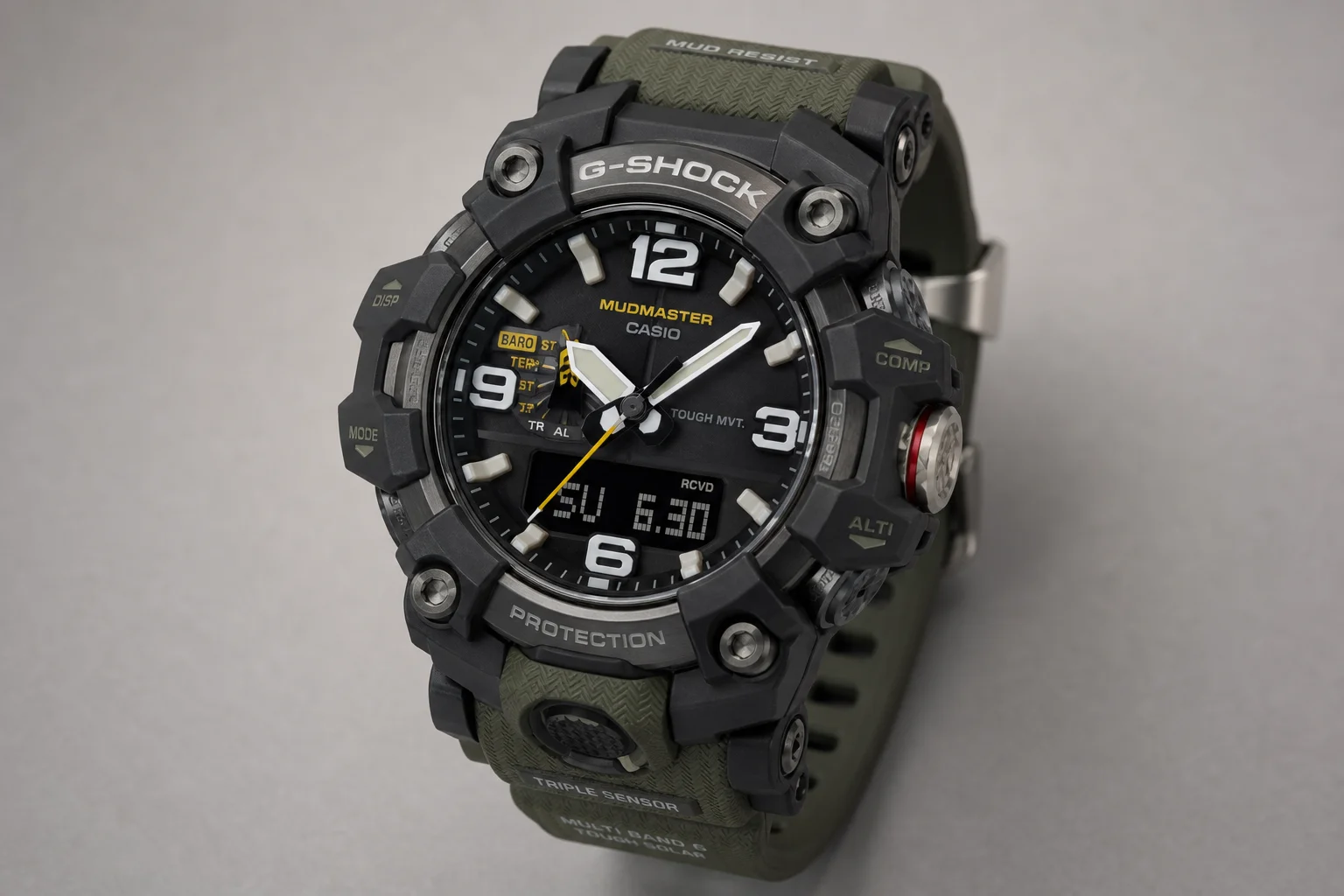 Five rugged outdoor watches arranged on concrete surface