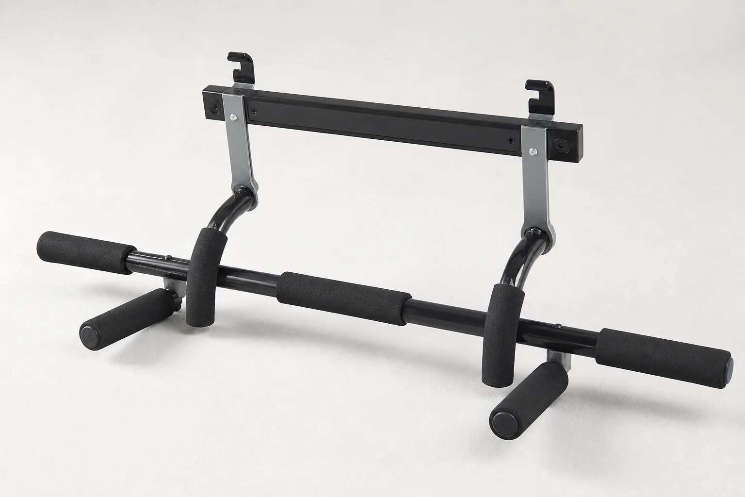 Six pull up bars and training towers arranged on neutral backdrop