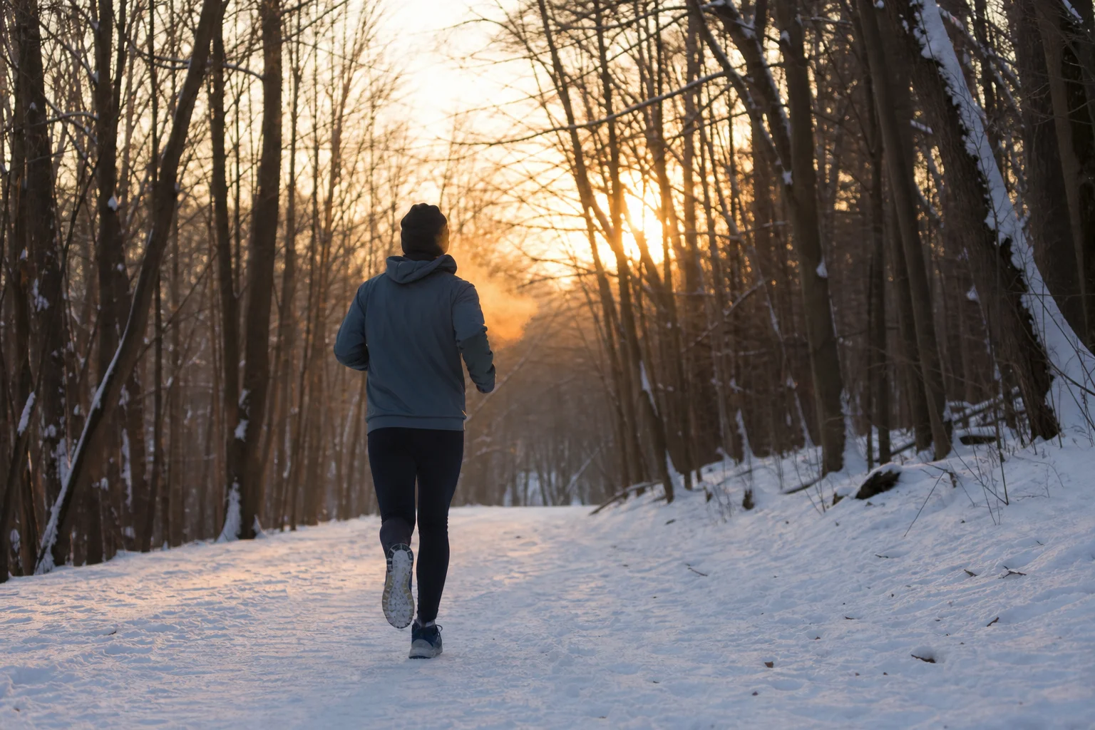 Runner jogging on snowy trail at dawn with winter gear