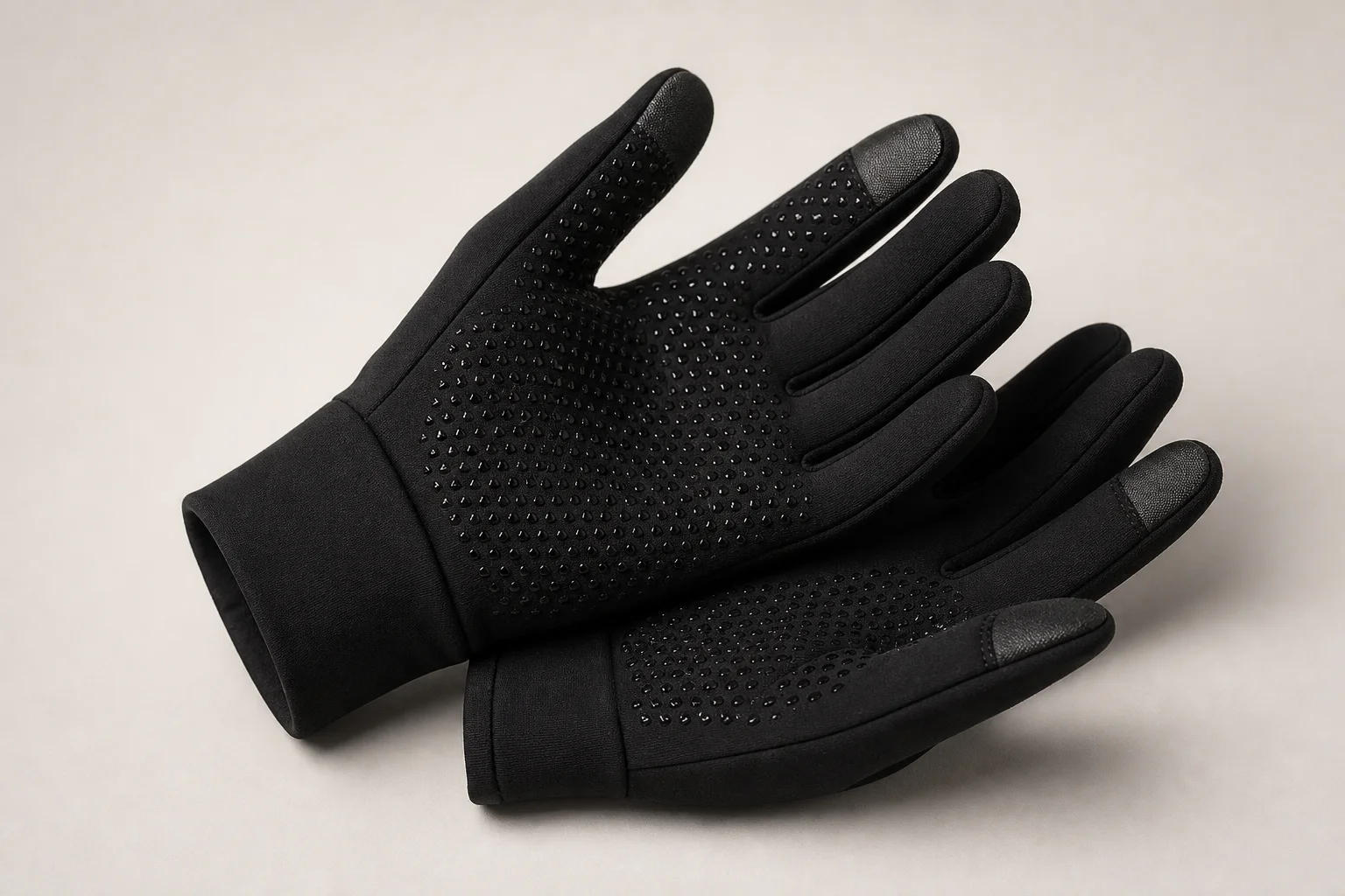 Black Cevapro running gloves showing palm grip and touch screen fingertips