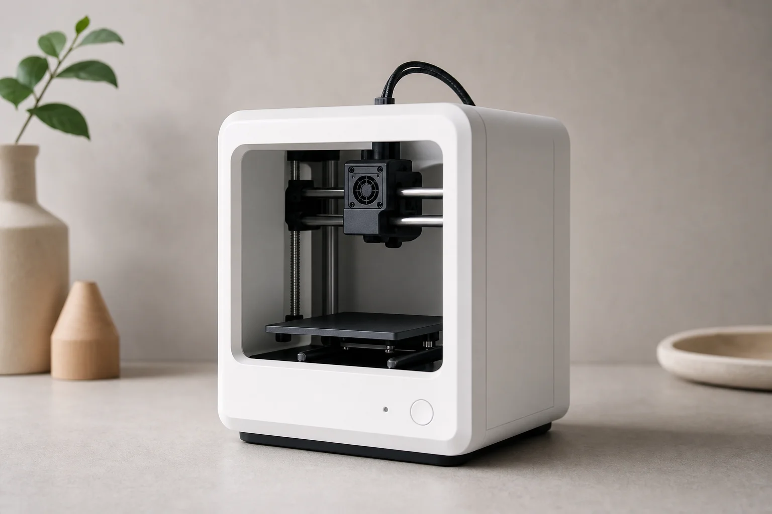 放在中性色工作檯面上，介面極簡的輕便型 3D 列印機