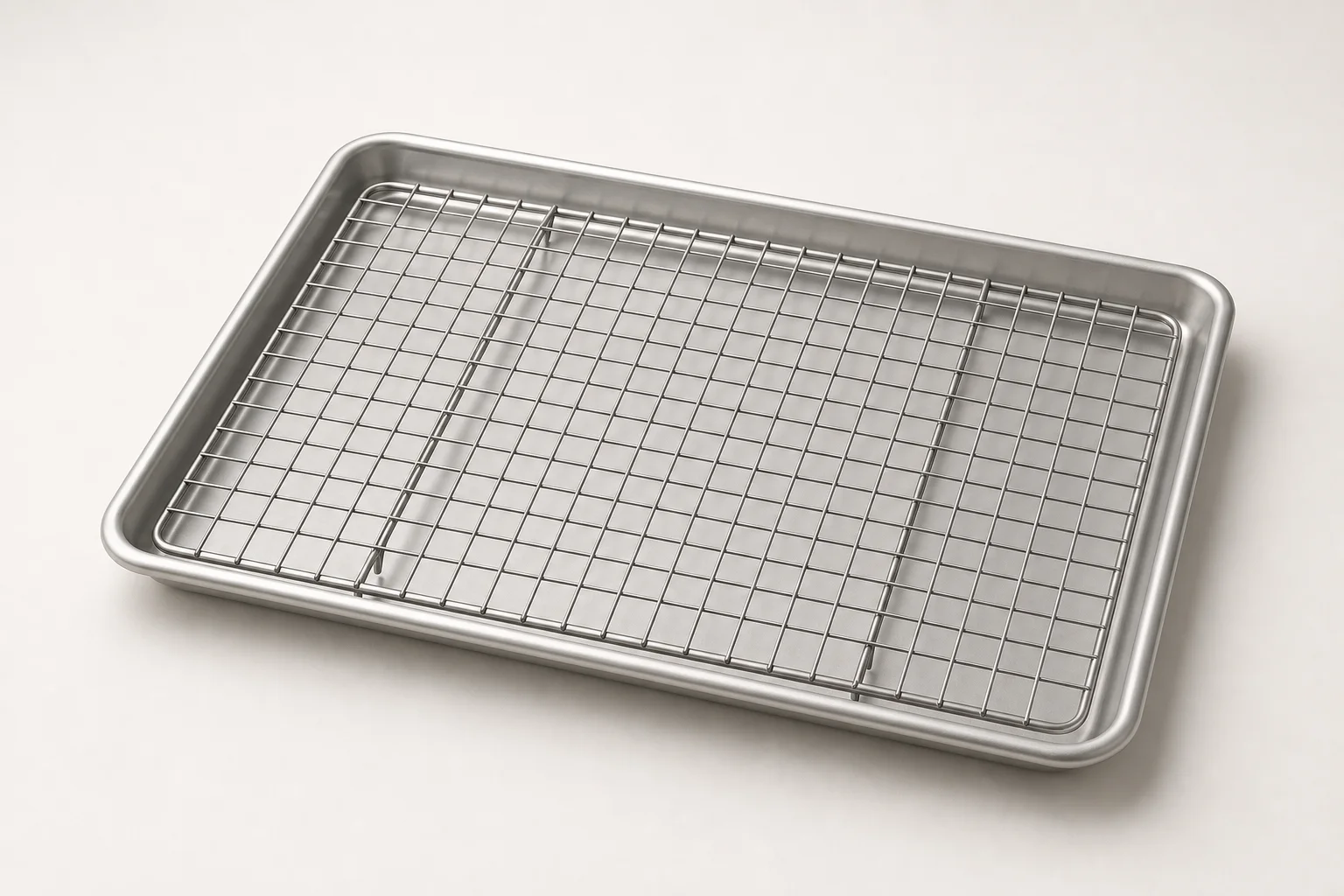 Five different baking sheets and pans arranged on a concrete surface