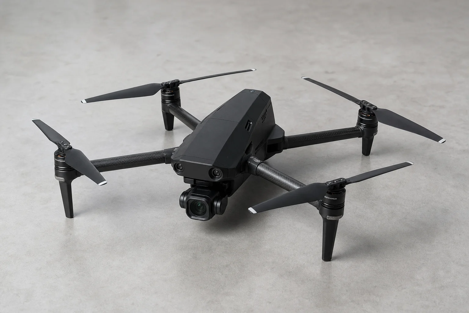 Five drones arranged on concrete surface showing variety from compact to professional models