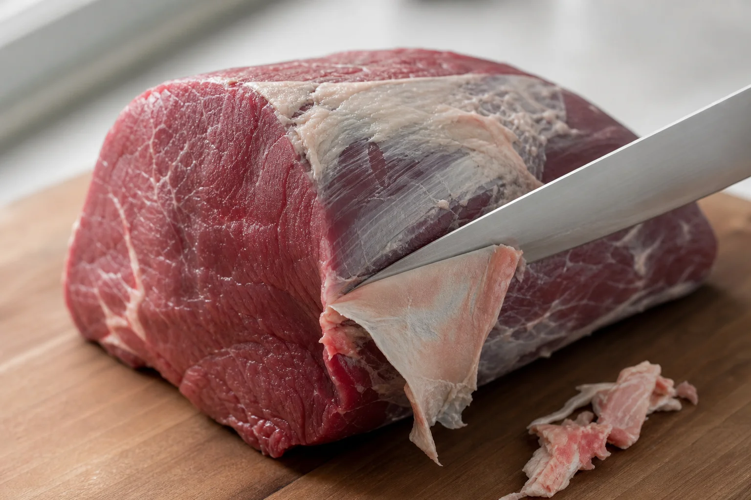 在木製砧板上修剪銀皮與脂肪的生牛眼肉
