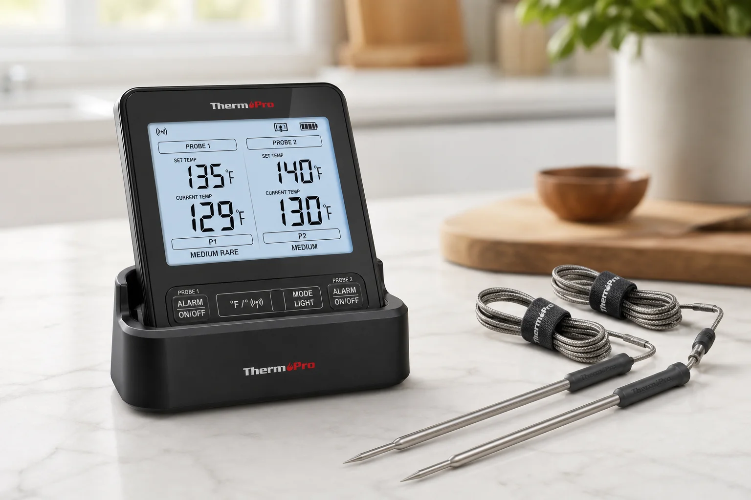 Five meat thermometers arranged diagonally from budget to premium models on concrete