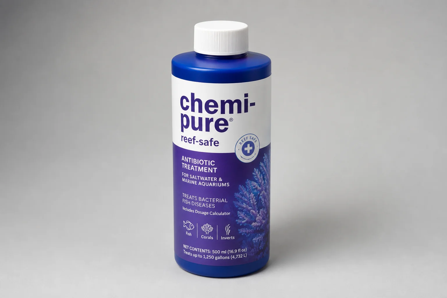 Reef tank with purple cyano bacteria and treatment products on neutral background