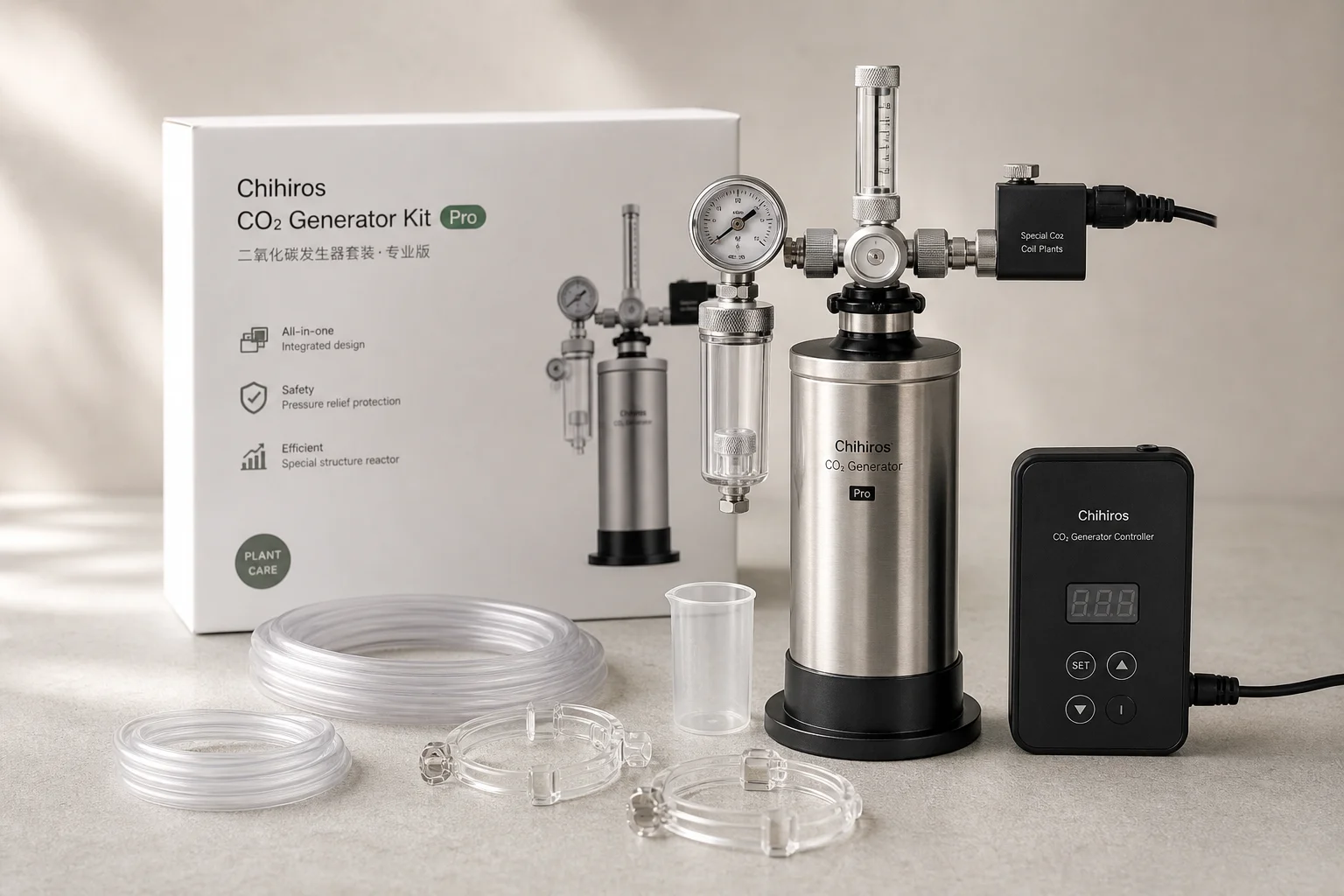 Five aquarium CO2 systems from DIY to professional regulators arranged on grey surface