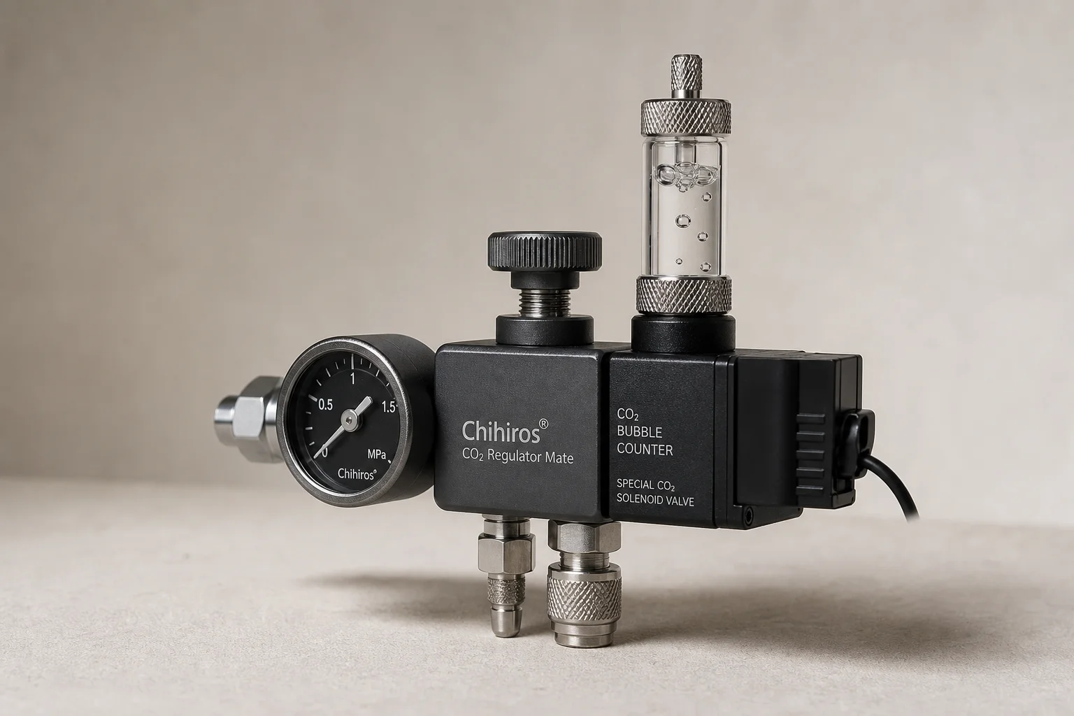 Five aquarium CO2 systems from DIY to professional regulators arranged on grey surface