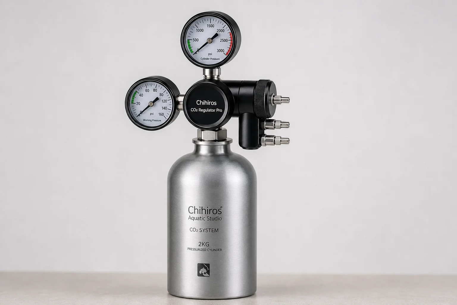Five aquarium CO2 systems from DIY to professional regulators arranged on grey surface