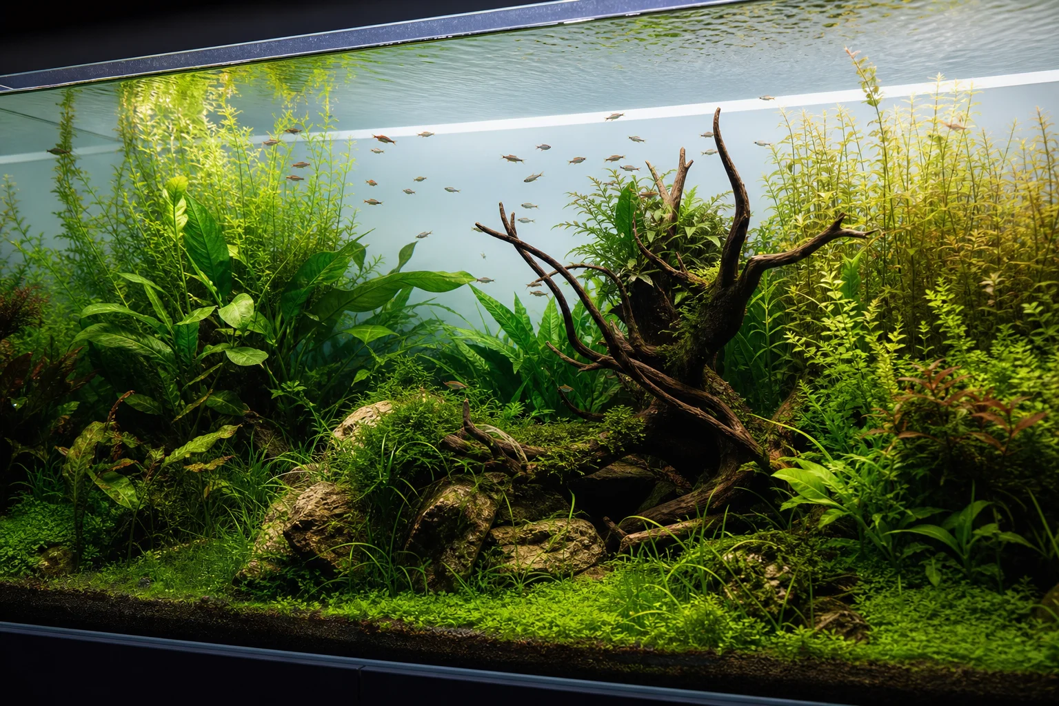 Established planted aquarium with lush green plants and clear water