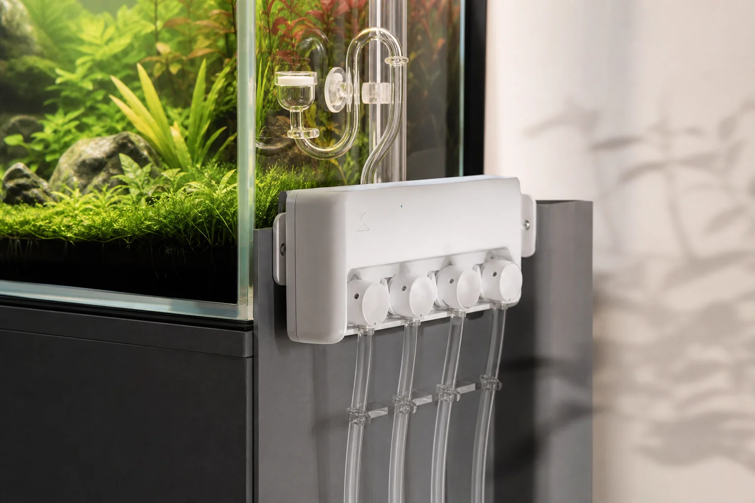 Dosing pump mounted on aquarium stand with glass CO2 tube holders