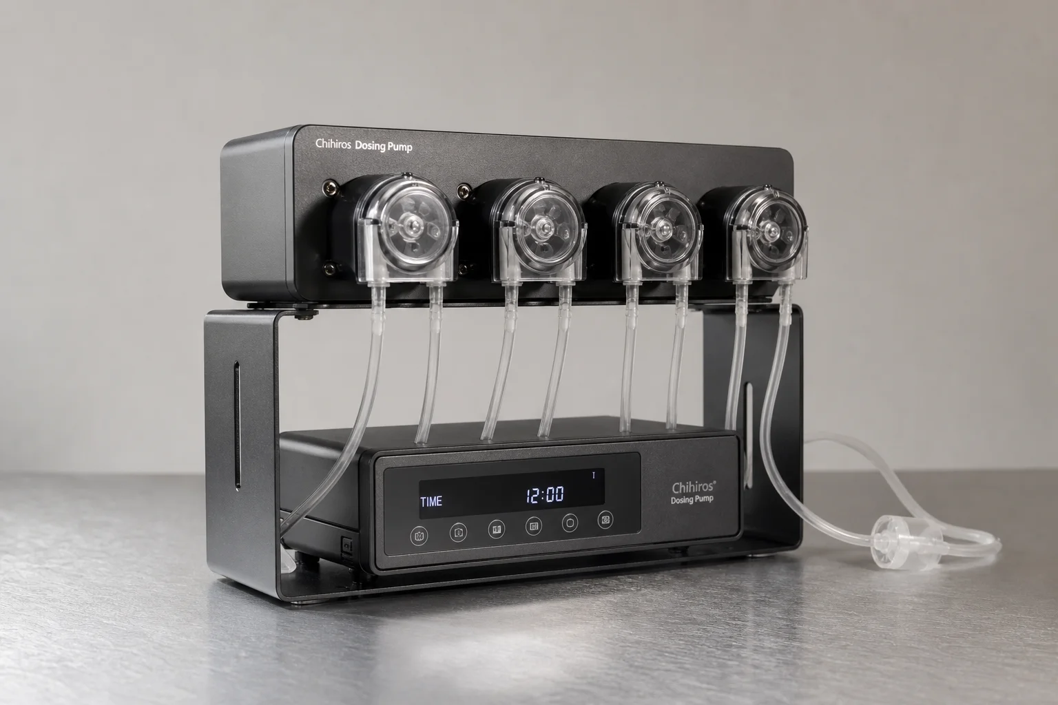 Chihiros Dosing Pump with four heads and transparent tubing on neutral surface