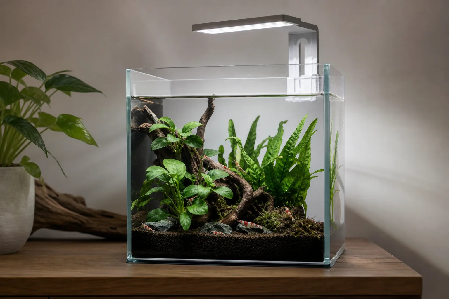 在白色 LED 燈光下，飼養蝦類與簡易水草的微型水族缸