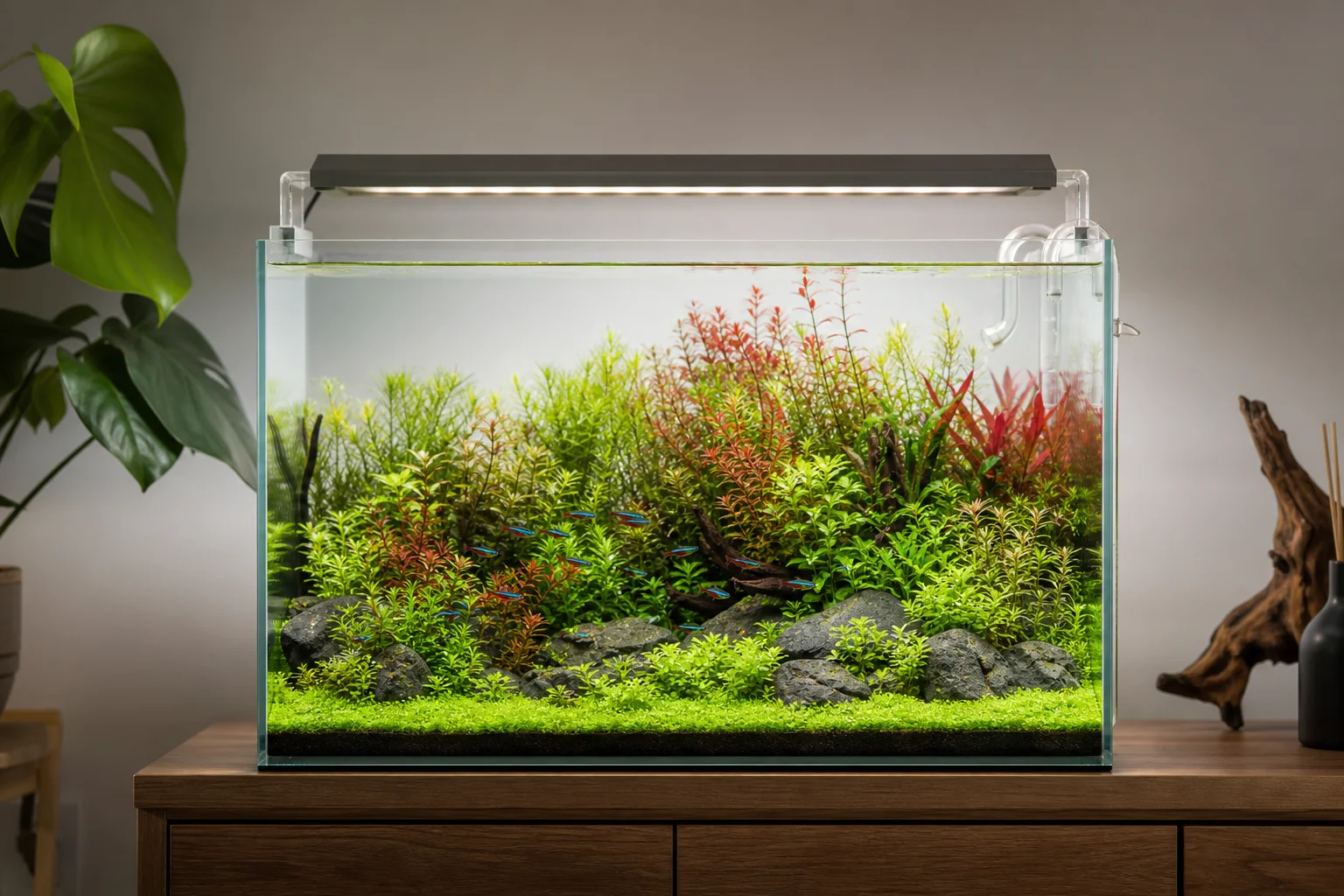 在 RGB 燈光下，種植有莖水草與前景草的中型水草缸