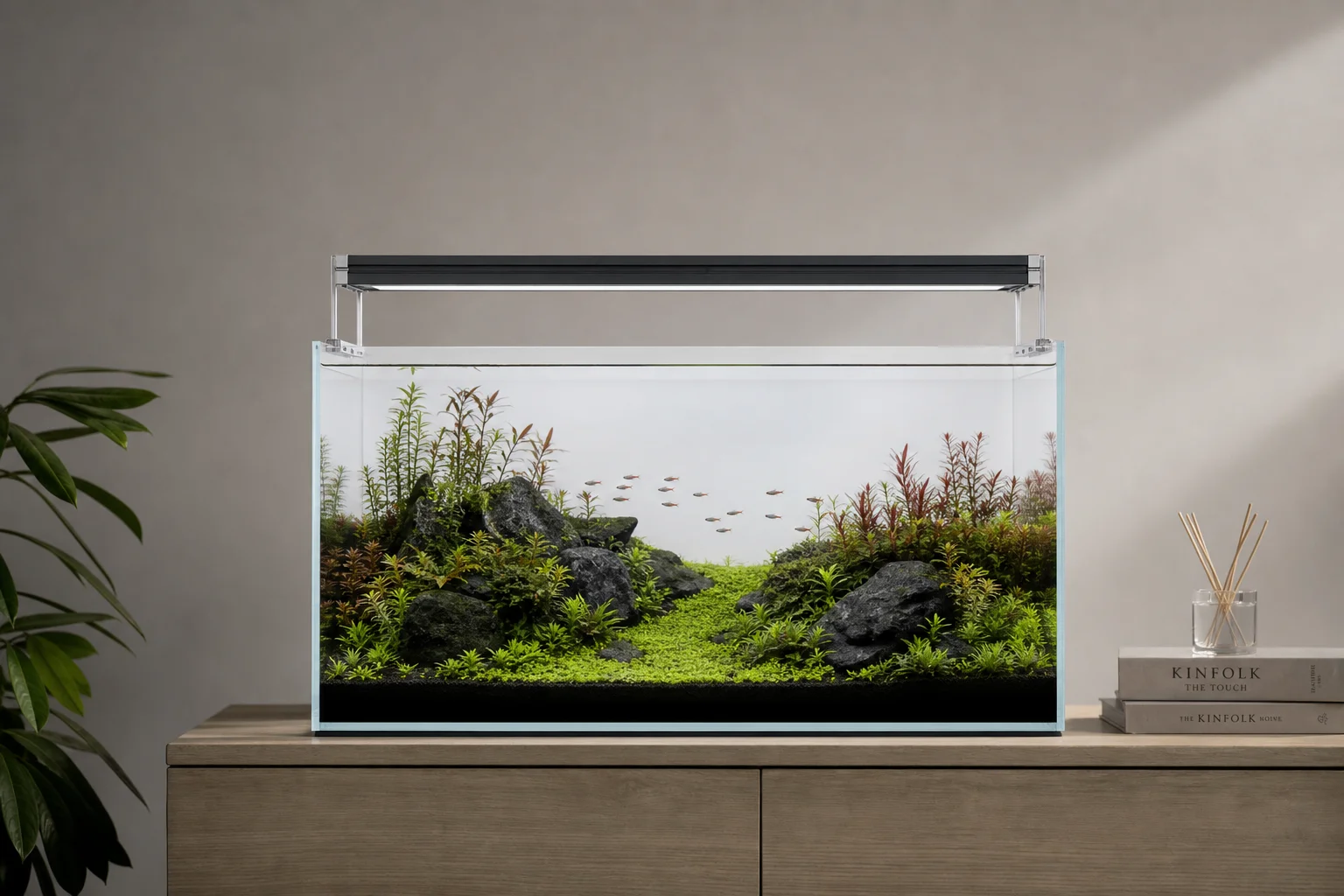 水草缸配置,LED 燈透過鋁合金支架安裝在無邊框魚缸上方