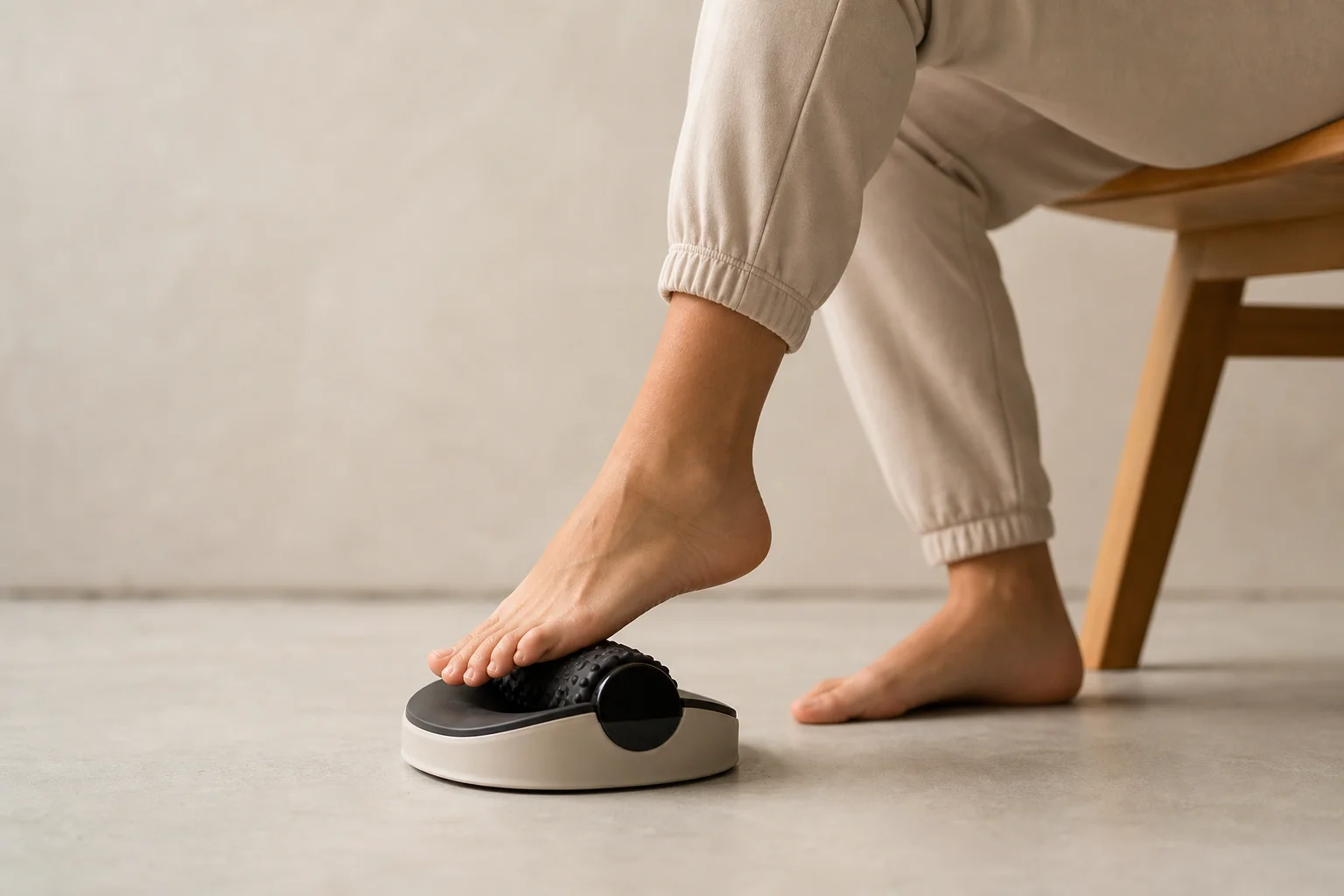 Person treating plantar fascia with foot on device in hands-free cradle base