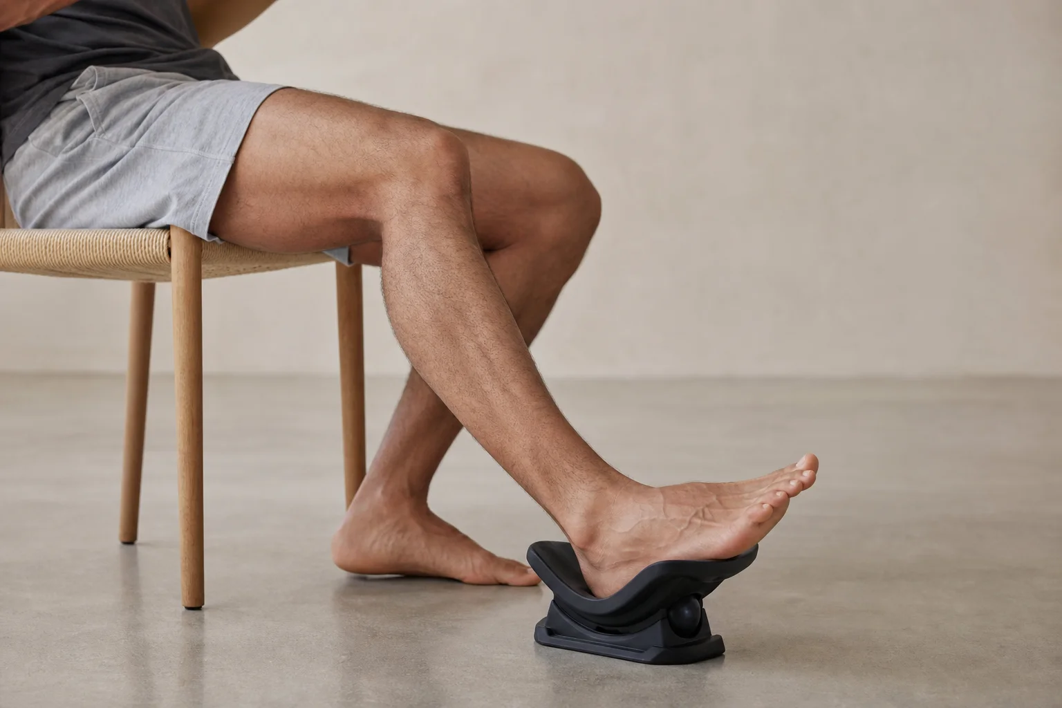 Person using hands-free cradle base to treat calf muscle with body weight pressure