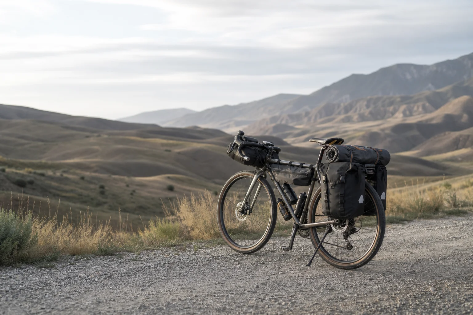Touring bicycle loaded with rear panniers on a gravel road