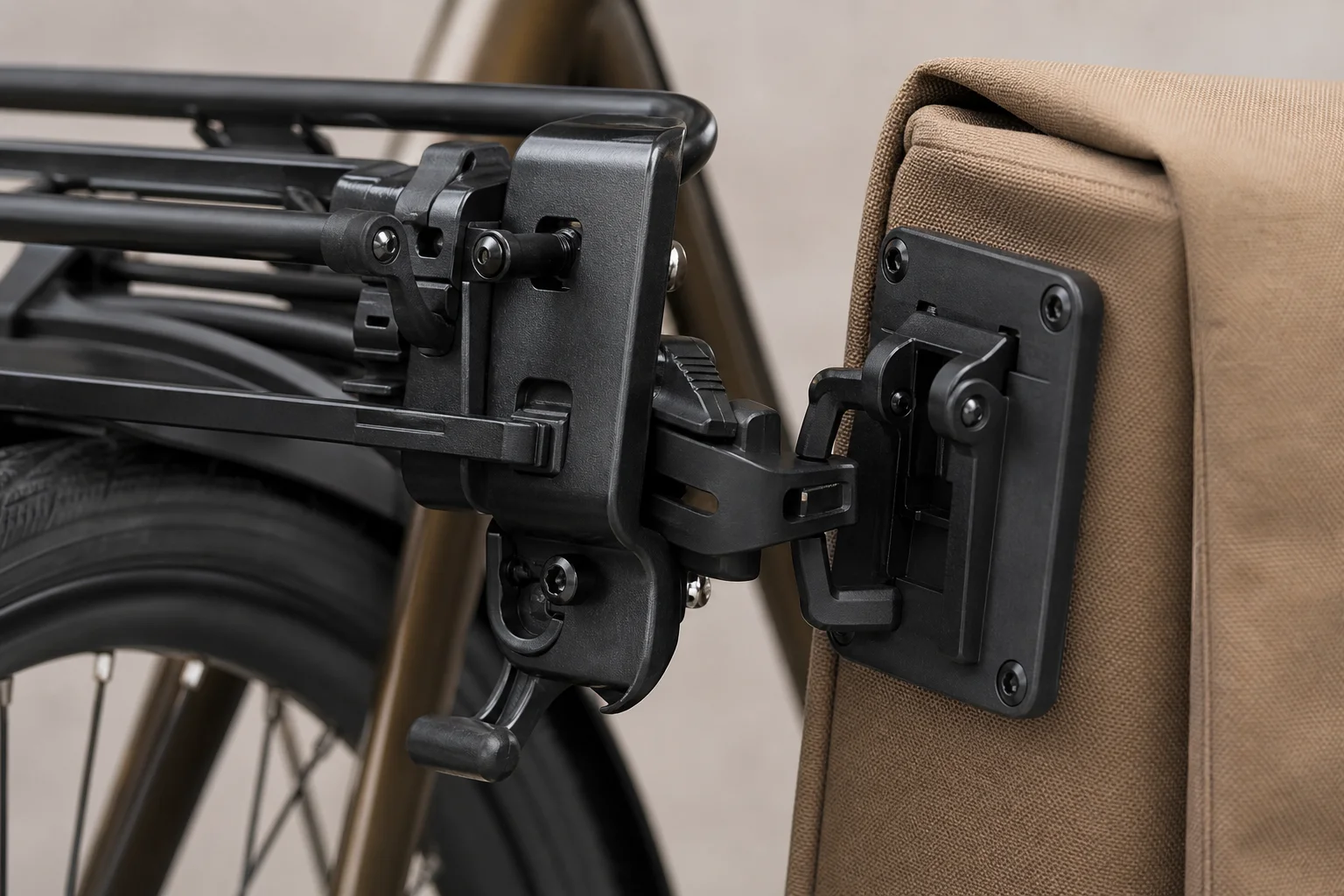Pannier attachment hooks and rail system mounted on bicycle rack
