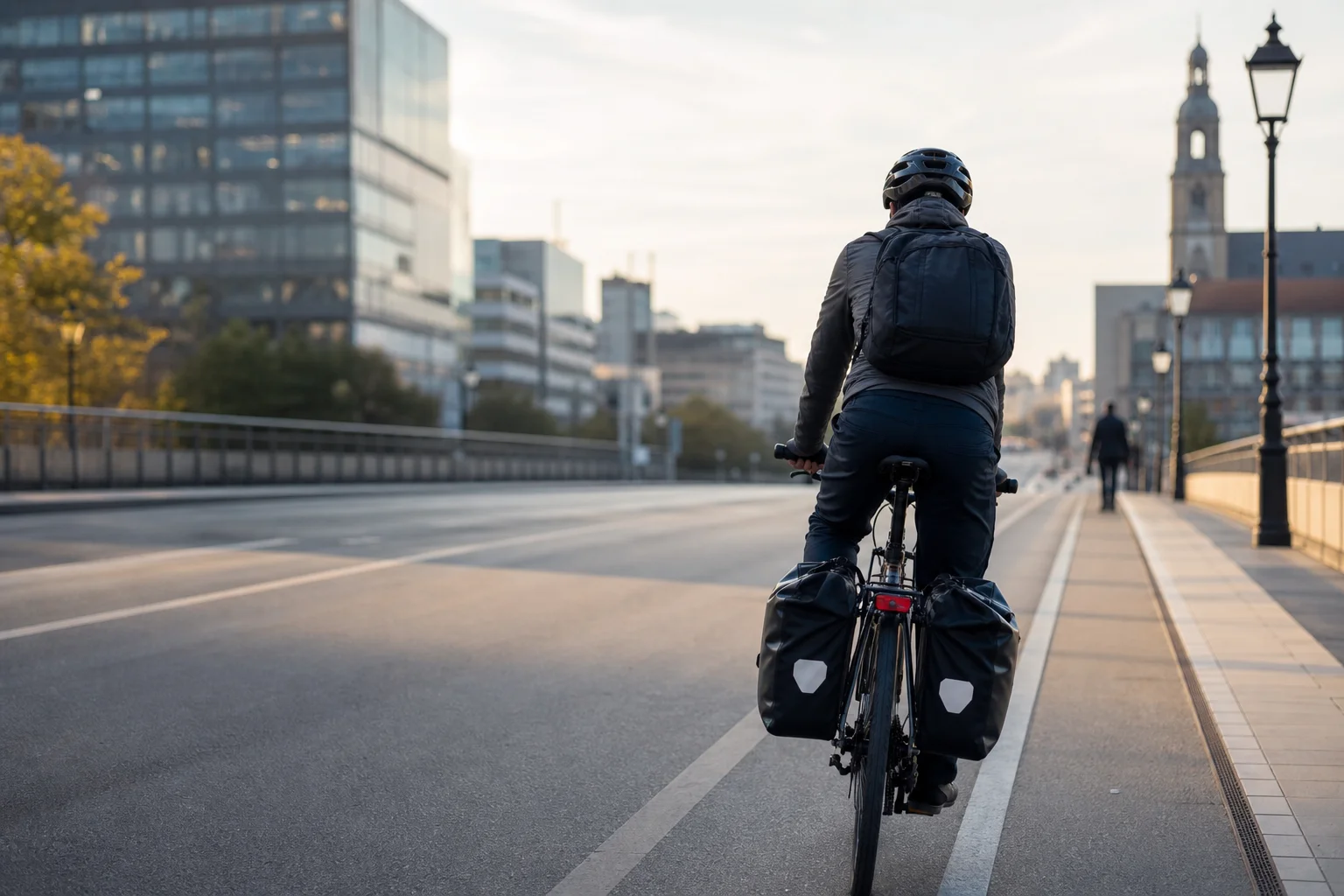 Cyclist commuting with loaded panniers on urban street